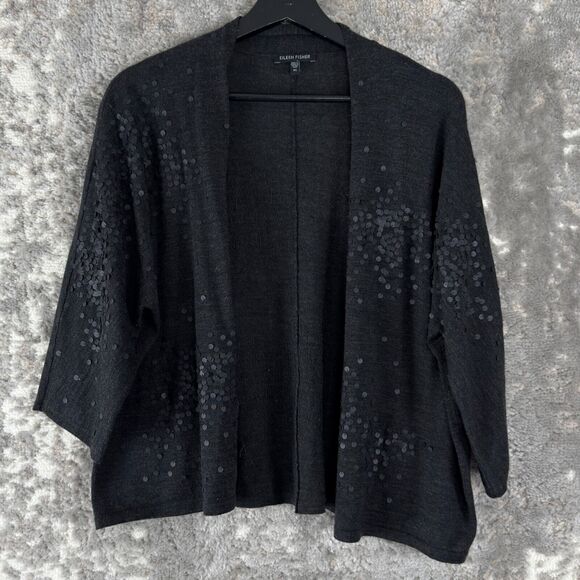 Eileen Fisher Sz XS Gray 100% Merino Wool Knit Sequin Open Cardigan Sweater 3/4 - Picture 1 of 8